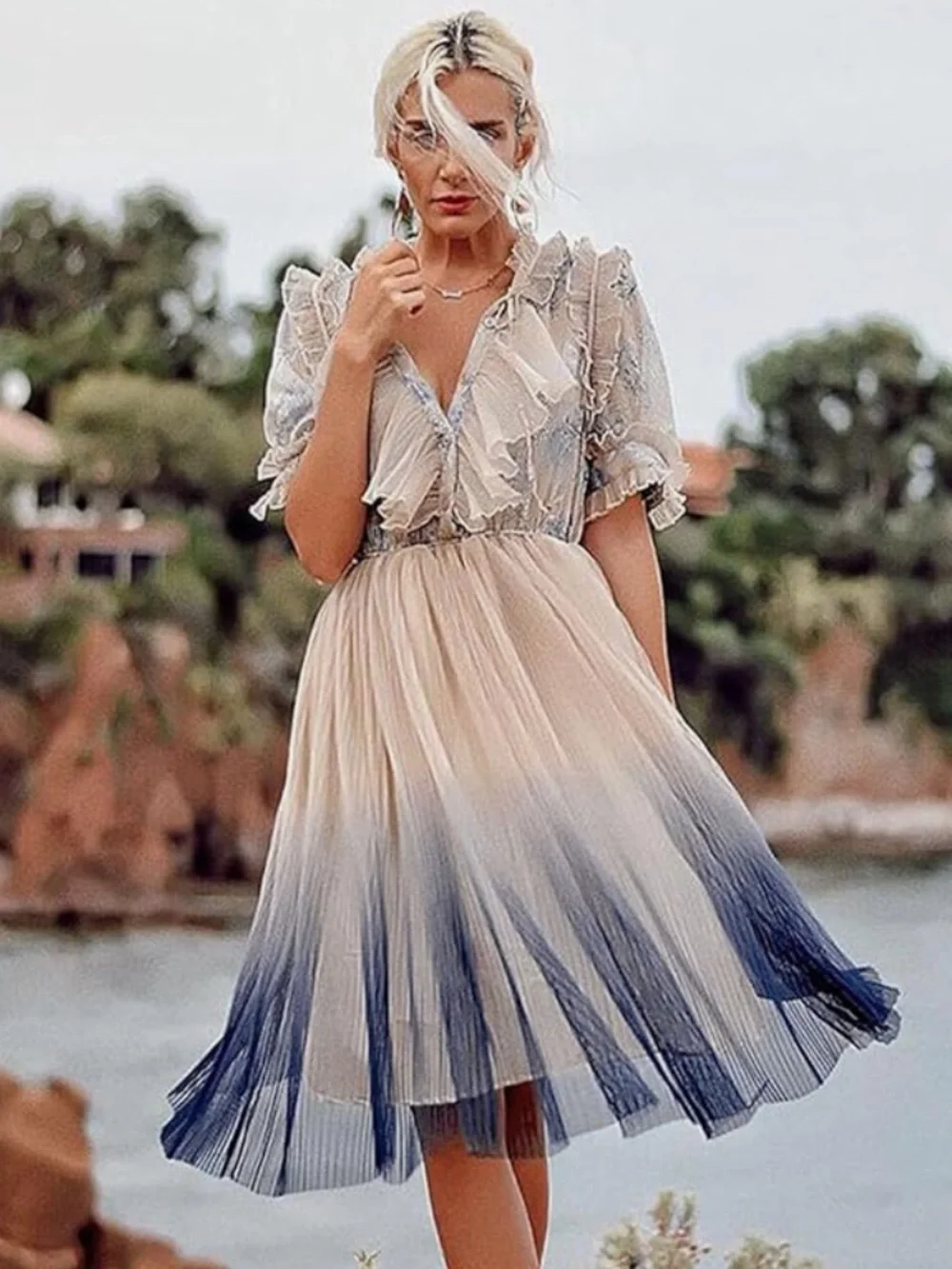 CHICWISH We Know It All Gradient Pleated Mesh Tulle Midi Dress S/M Cottagecore